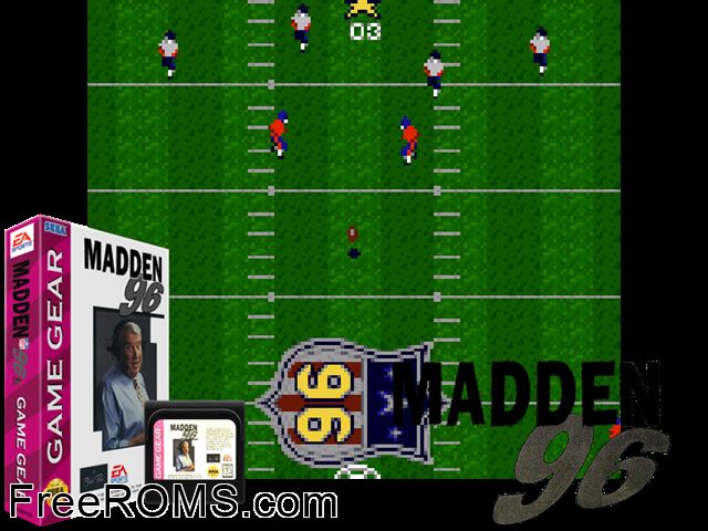Madden NFL '96 Game Gear game showing 3D box cover and gameplay screenshot